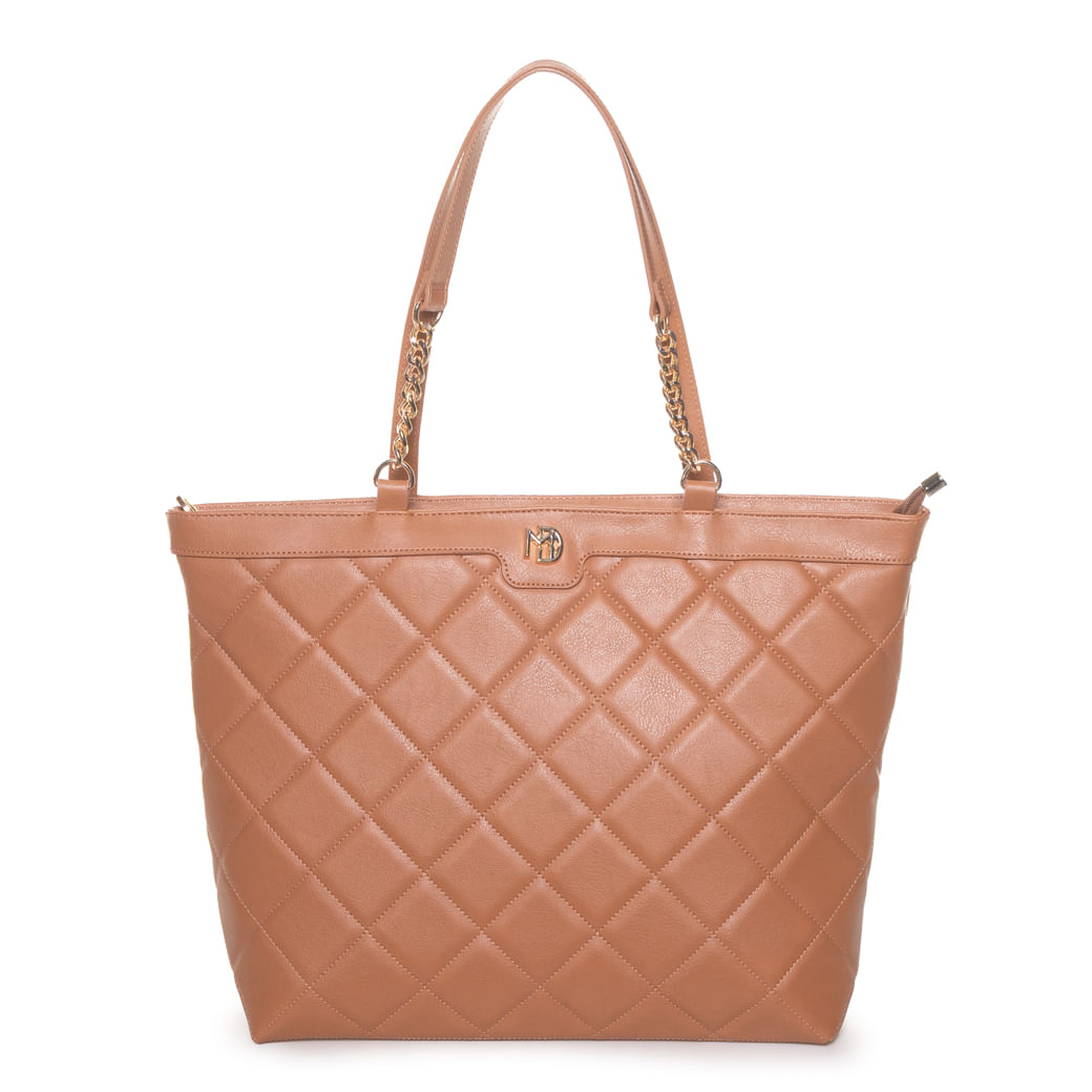 Bolsa feminina Modare Totem bege em material sintético com acabamento matelassê e alças duplas com corrente dourada